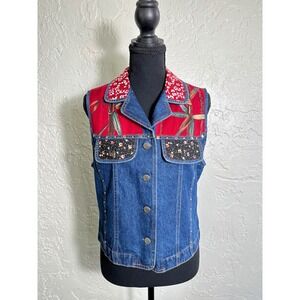 Vintage Stonebridge Petites Denim Vest Floral Patchwork‎ Western Cottagecore PS